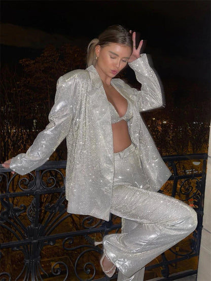 Sliver Sparkly Oversized Blazer Sets for Suit Glitter Coat and Pants Sets Blazer Femme Mujer Party