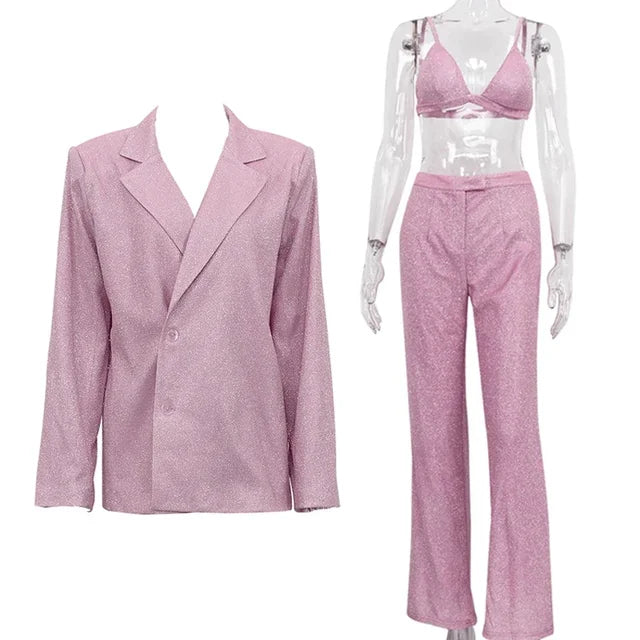 Sliver Sparkly Oversized Blazer Sets for Suit Glitter Coat and Pants Sets Blazer Femme Mujer Party