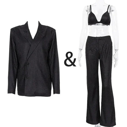 Sliver Sparkly Oversized Blazer Sets for Suit Glitter Coat and Pants Sets Blazer Femme Mujer Party