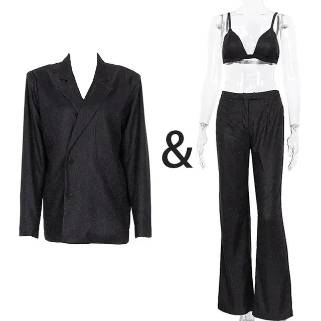 Sliver Sparkly Oversized Blazer Sets for Suit Glitter Coat and Pants Sets Blazer Femme Mujer Party