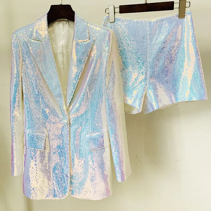 Sparkly Blazer Short Suit for Autumn Turn-down Collar Blazer Jaclets and Shorts 2 Piece Sets Outfits
