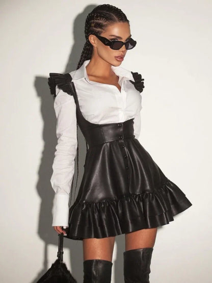 Splice Pu Mini Dress for Slim Woman Long Sleeve Shirts and Hollow Out Sundress 2 Piece Sets Outfits