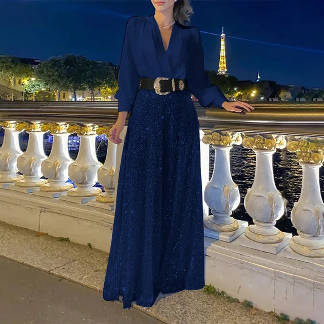 Splice Sequins Maxi Dresses for Folds Loose V Neck Dress Femme Party Evening Dresses