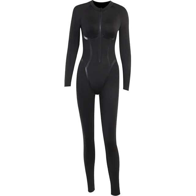 Sports Leather Zipper Tight Hip Jumpsuit Spring Long Sleeve Patchwork Ribbon Split Line Rompers Overalls