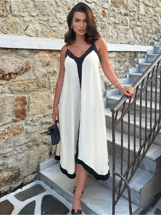 V Neck Backless Maxi Dresses for Color Block Slim Sundress Femme Street Party Temperament Dress Woman