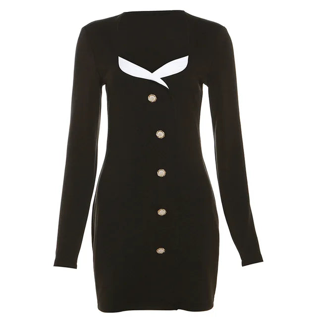 V Neck Mini Dress for Autumn High Waist Dresses Femme Office Street Slim Temperament Dress Woman
