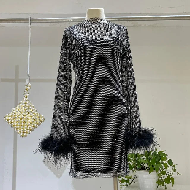 Weave Shiny Rhinestone Mini Dress See Through Cover-up Dresses Loose Club Dress