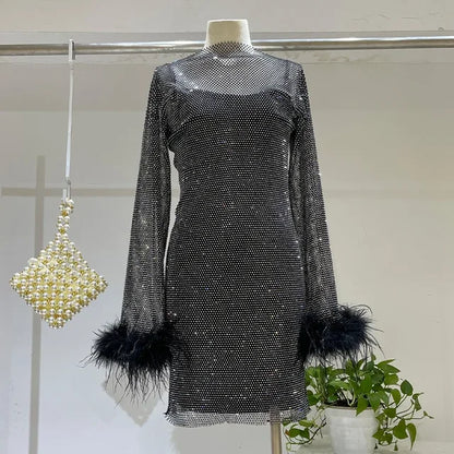 Weave Shiny Rhinestone Mini Dress See Through Cover-up Dresses Loose Club Dress