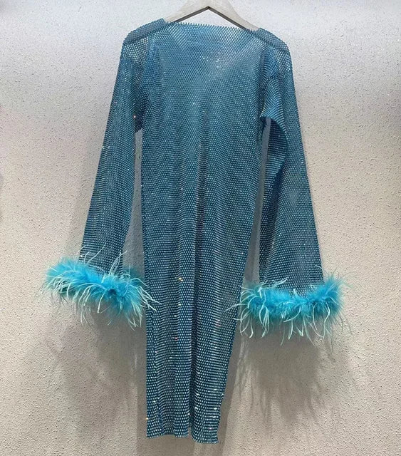 Weave Shiny Rhinestone Mini Dress See Through Cover-up Dresses Loose Club Dress