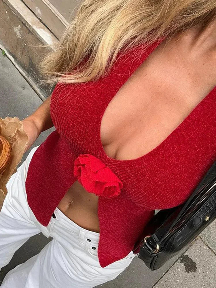 Woolen Halter Neck Sleeveless T-shirts for Clothing Flower Slim Crop Top Femme Vacation Vest