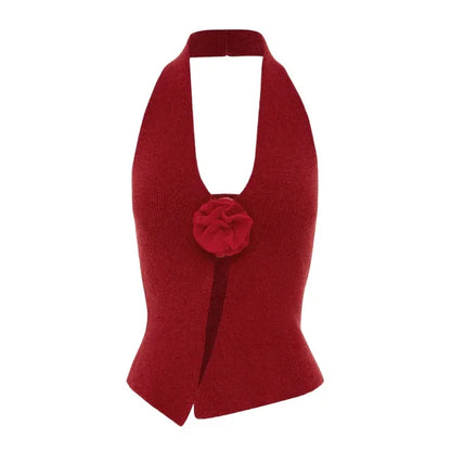 Woolen Halter Neck Sleeveless T-shirts for Clothing Flower Slim Crop Top Femme Vacation Vest