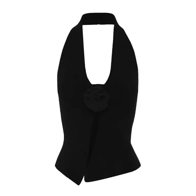Woolen Halter Neck Sleeveless T-shirts for Clothing Flower Slim Crop Top Femme Vacation Vest