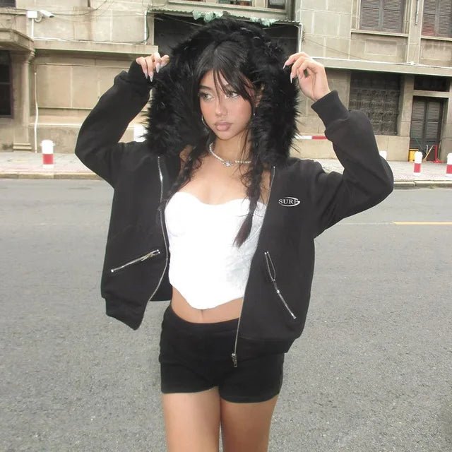 Zip Up Hoodie Black Feather Splice Long Sleeve Loose Sweatshirt Woman Street Winter Cardigan Femme New