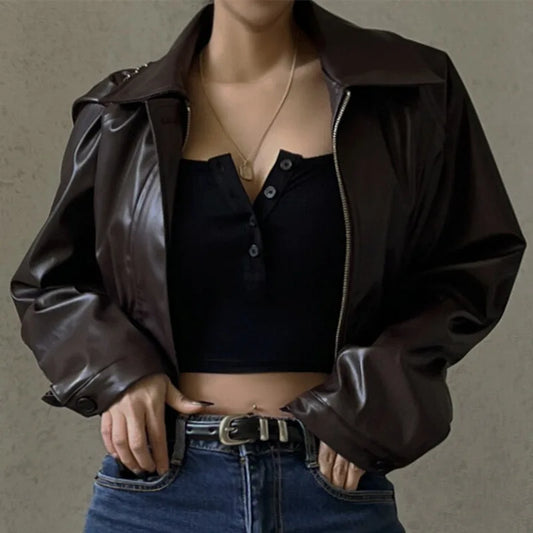 Zipper Retro Pu Jackets Winter Temperament Basic Coats Female Autumn Leather Jacket Woman