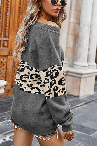 Leopard Splice Contrast V-neck Sweater(5 Colors)