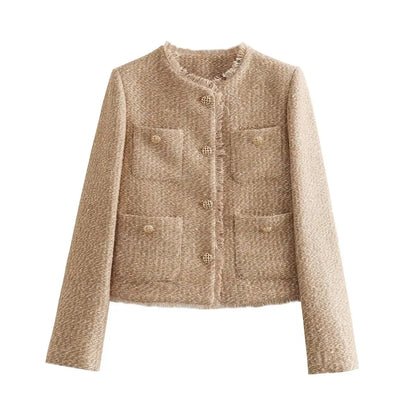 Autumn Long Camel Short Tweed Frayed Cropped Coat