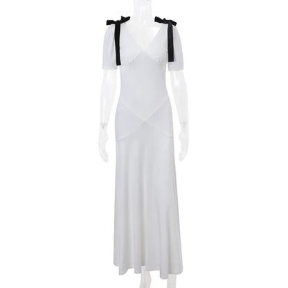 Trauxy Bow Lace Up Maxi Dress for Puff Sleeveless Plunge V Neck Beach Vacation Dress Splice Outfits Summer