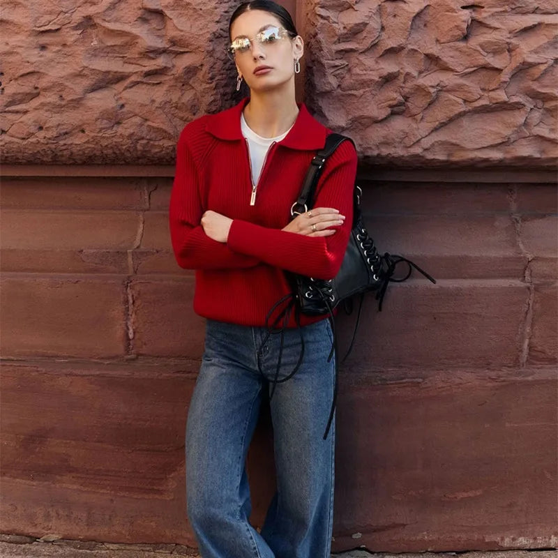Zipper Long Sleeve Pullover Loose Warm Christmas Sweater