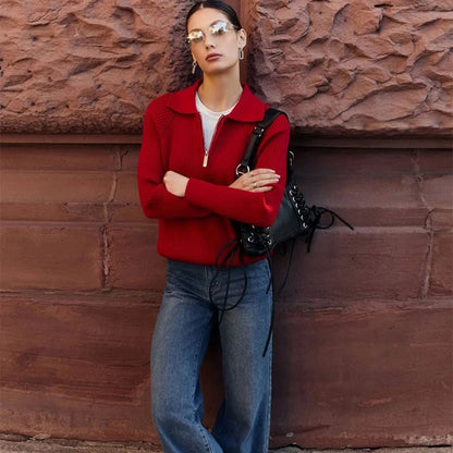 Zipper Long Sleeve Pullover Loose Warm Christmas Sweater