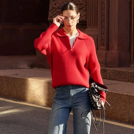Zipper Long Sleeve Pullover Loose Warm Christmas Sweater