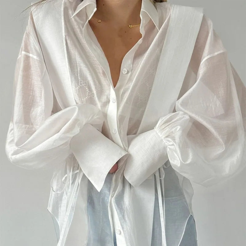 Lace-up See-through Blouse