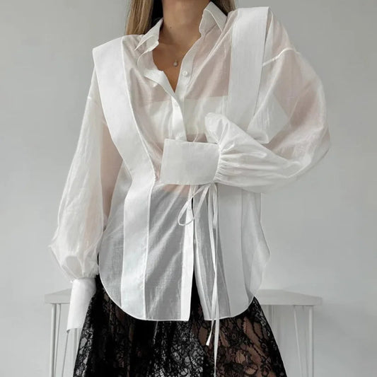 Lace-up See-through Blouse