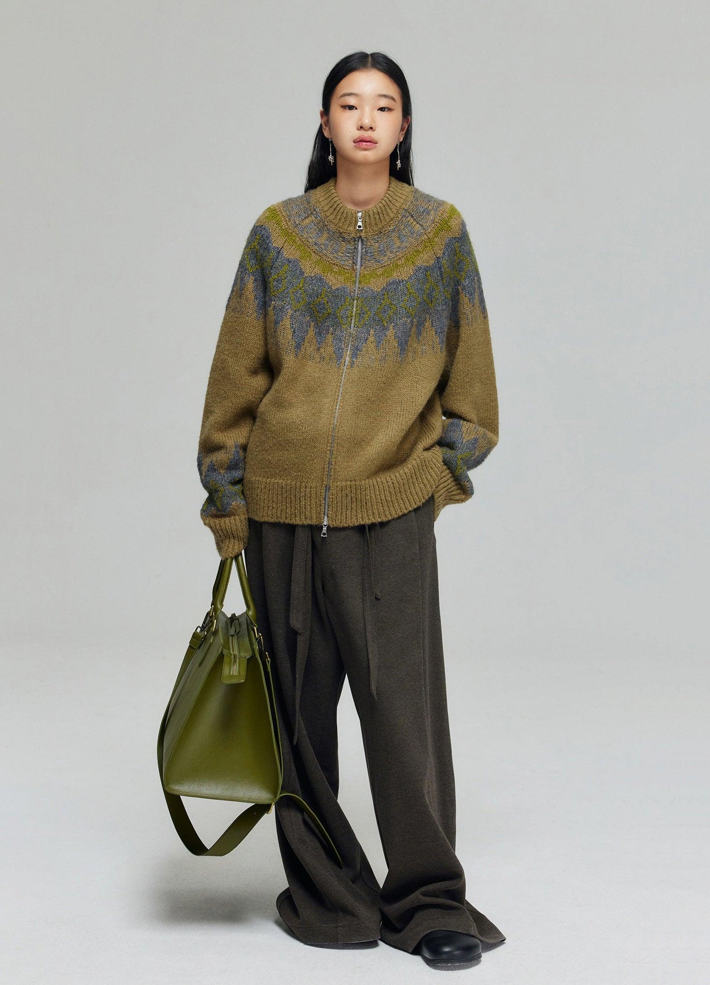 Cozy Tartan Wool Blend Zip-up Sweater