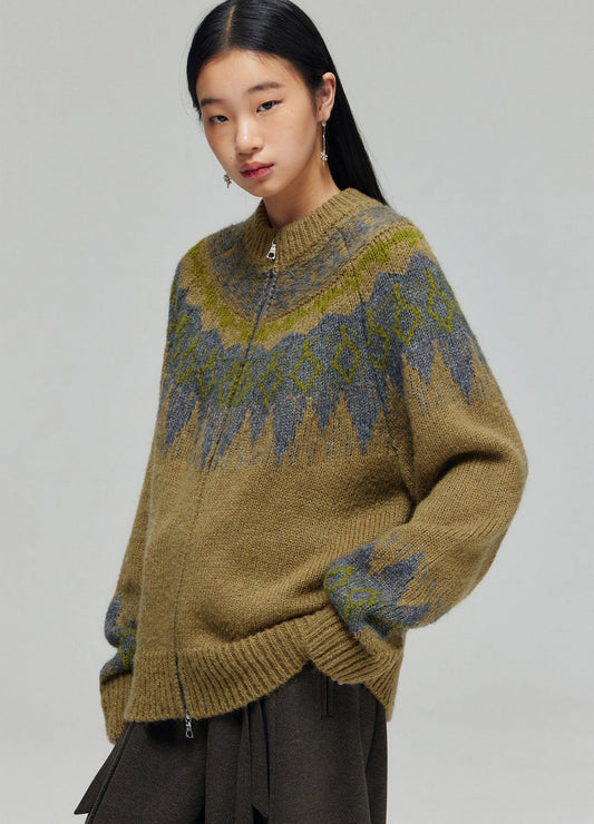 Cozy Tartan Wool Blend Zip-up Sweater