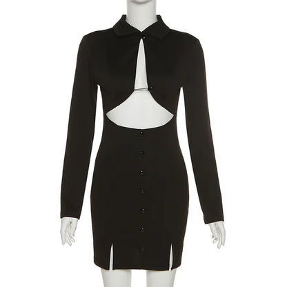 Black Mini Dress Summer Hollow Out Mini Bodycon Autumn Dresses Wrap Hip Night Party Vestidos