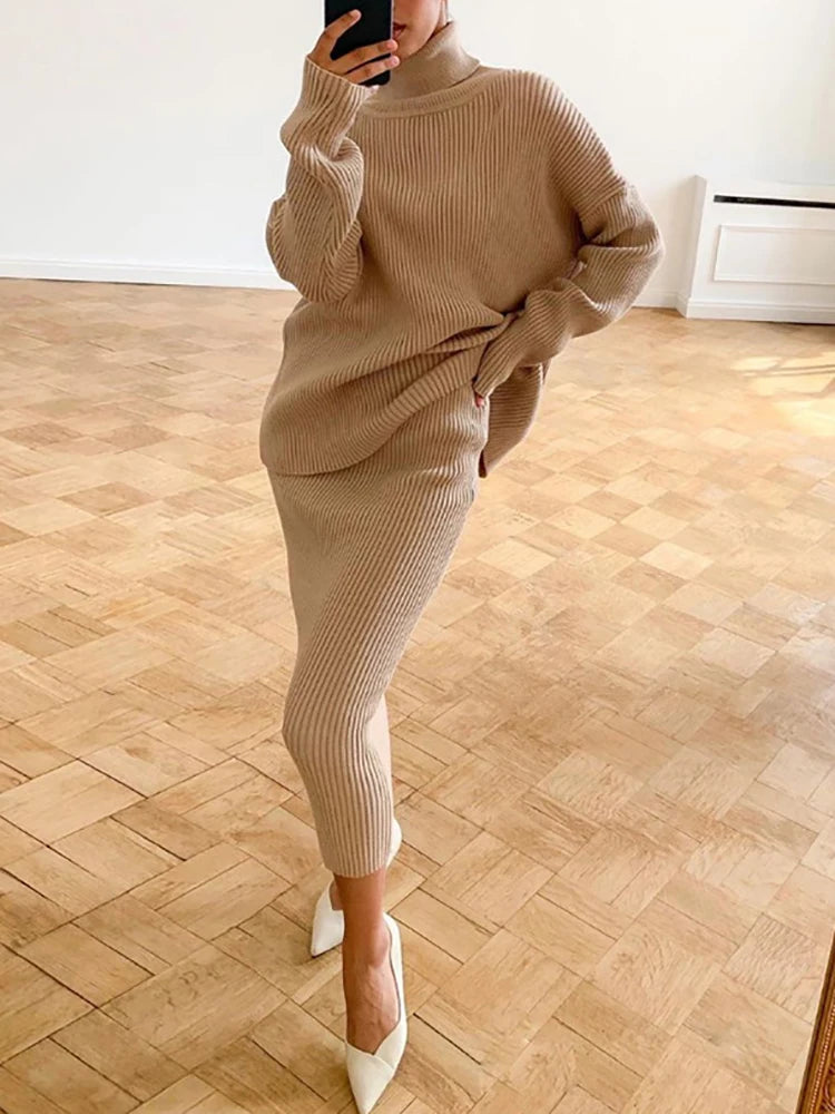 Knitted Skirt Sets Autumn Winter Turtleneck Pullover and Pencil Long Skirts 2 Piece Sets Sweater Outfits