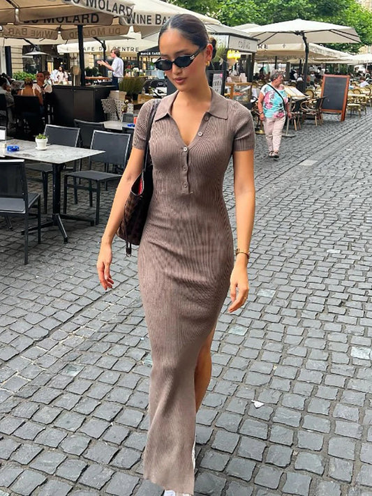Knitted Bodycon Dress V-neck Short Sleeve Split Long Dresses Autumn Black High Street Party Vestidos