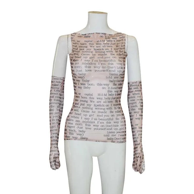 Mesh Letter Printted T-shirt O-neck See Through Tank Tops With Golve High Street Basic Slim Y2k Top Tee Shirts