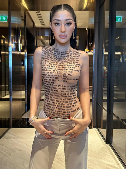 Mesh Letter Printted T-shirt O-neck See Through Tank Tops With Golve High Street Basic Slim Y2k Top Tee Shirts