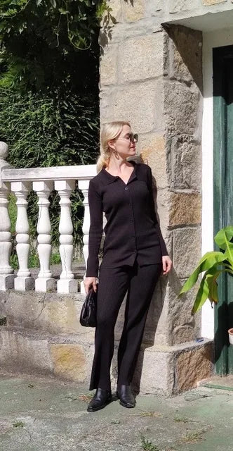 Ol Homewear Leisure Knitted Suit Autumn Long Sleeve Shirts and Wide Legs Pants Suit Two Piece Sets Outfits