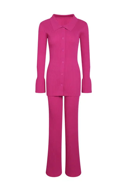 Ol Homewear Leisure Knitted Suit Autumn Long Sleeve Shirts and Wide Legs Pants Suit Two Piece Sets Outfits