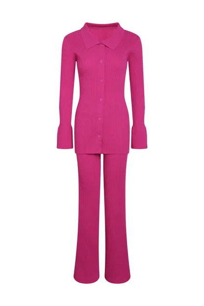 Ol Homewear Leisure Knitted Suit Autumn Long Sleeve Shirts and Wide Legs Pants Suit Two Piece Sets Outfits