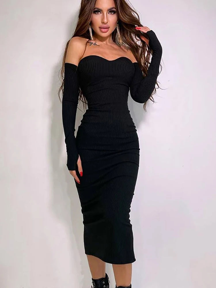 Off Shoulder Knitted Dress Autumn Long Sleeve Strapless Bodycon Maxi Dresses Evening Party Vestidos Female