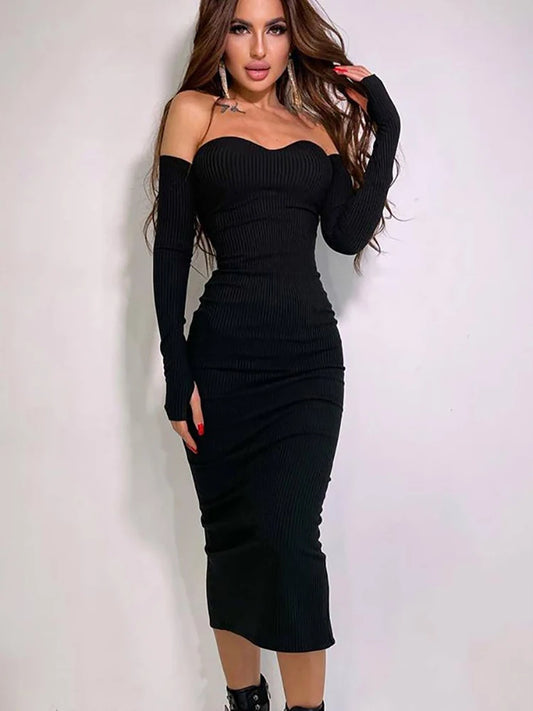 Off Shoulder Knitted Dress Autumn Long Sleeve Strapless Bodycon Maxi Dresses Evening Party Vestidos Female