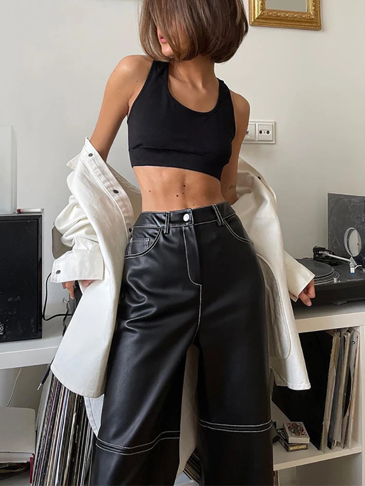 Pu Leather Straight Pants Black High Waist Long Pant for Autumn Style Trousers Y2k