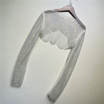 Sparkly Crystal T-shirts O-neck Hollow Out See Through Tank Tops Night Partywear Crop Shirts Tee Y2k Tops