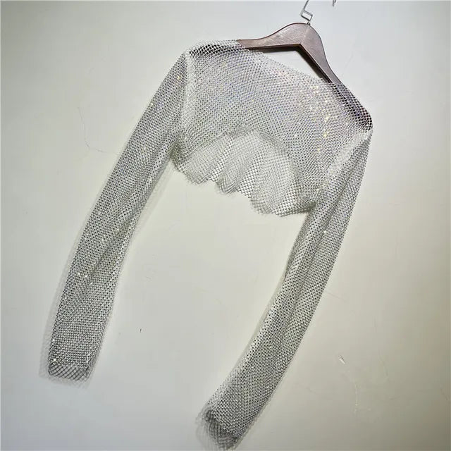 Sparkly Crystal T-shirts O-neck Hollow Out See Through Tank Tops Night Partywear Crop Shirts Tee Y2k Tops