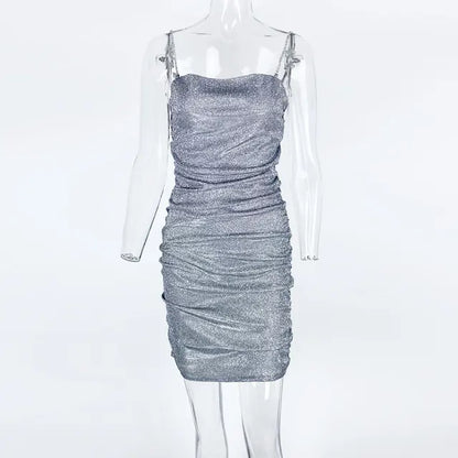 Sparkly Party Dress Rhinestone Straps Pleated Bodycon Mini Dresses Sleeveless Evening Vestidos