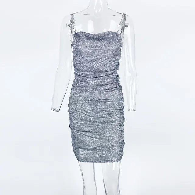 Sparkly Party Dress Rhinestone Straps Pleated Bodycon Mini Dresses Sleeveless Evening Vestidos