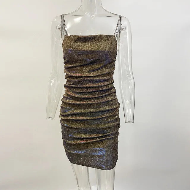 Sparkly Party Dress Rhinestone Straps Pleated Bodycon Mini Dresses Sleeveless Evening Vestidos