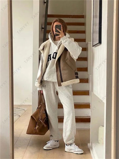 Suede Leather Thick Fleece Jacket Autumn Winter Splice Sleeveless Faux Shearling Jackets Vest Y2k Cardigans Coats
