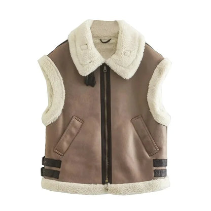 Suede Leather Thick Fleece Jacket Autumn Winter Splice Sleeveless Faux Shearling Jackets Vest Y2k Cardigans Coats