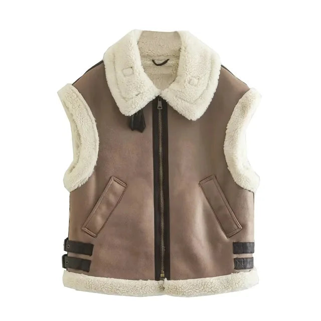 Suede Leather Thick Fleece Jacket Autumn Winter Splice Sleeveless Faux Shearling Jackets Vest Y2k Cardigans Coats