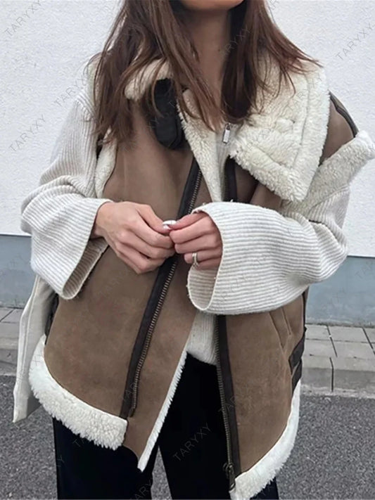 Suede Leather Thick Fleece Jacket Autumn Winter Splice Sleeveless Faux Shearling Jackets Vest Y2k Cardigans Coats