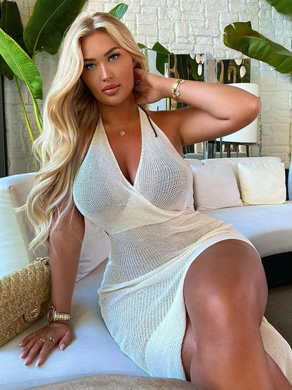 Summer Beach Dress V-neck Backless Split Long Dress White Sleeveless See Through Party Vestidos