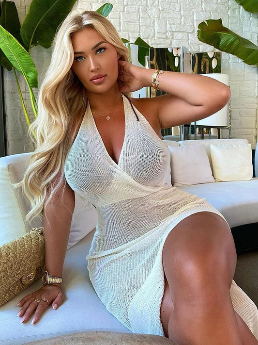 Summer Beach Dress V-neck Backless Split Long Dress White Sleeveless See Through Party Vestidos